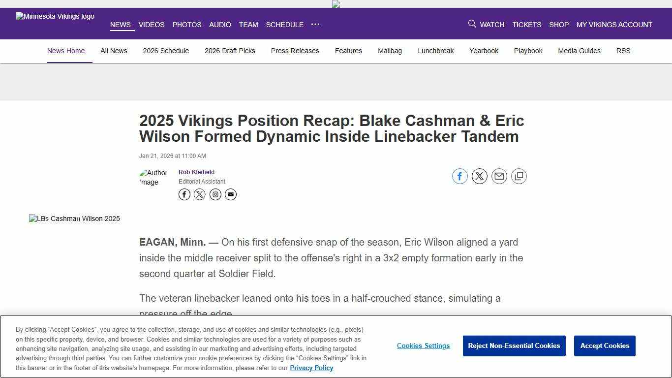 2025 Vikings Position Recap: Blake Cashman & Eric Wilson Formed Dynamic Inside Linebacker Tandem